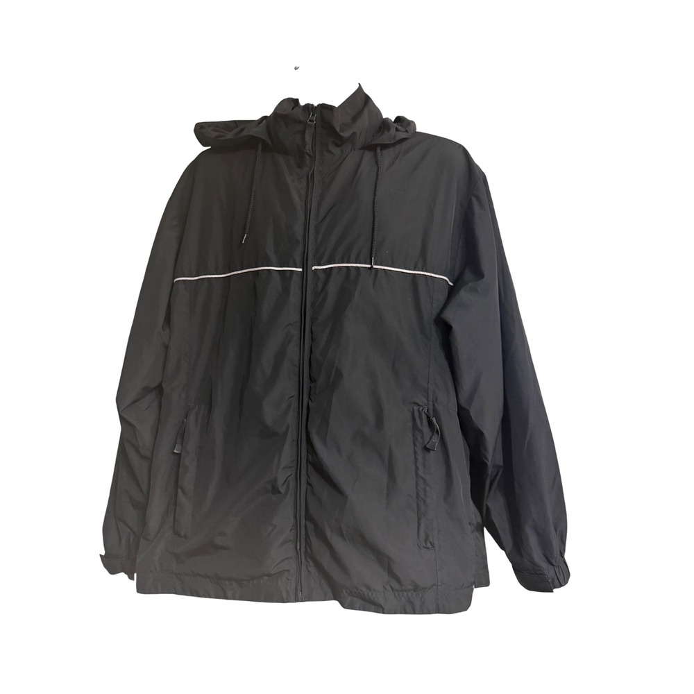 Devon & Jones Sport Mens Black Hooded Windbreaker Jacket Reflective Piping L A3